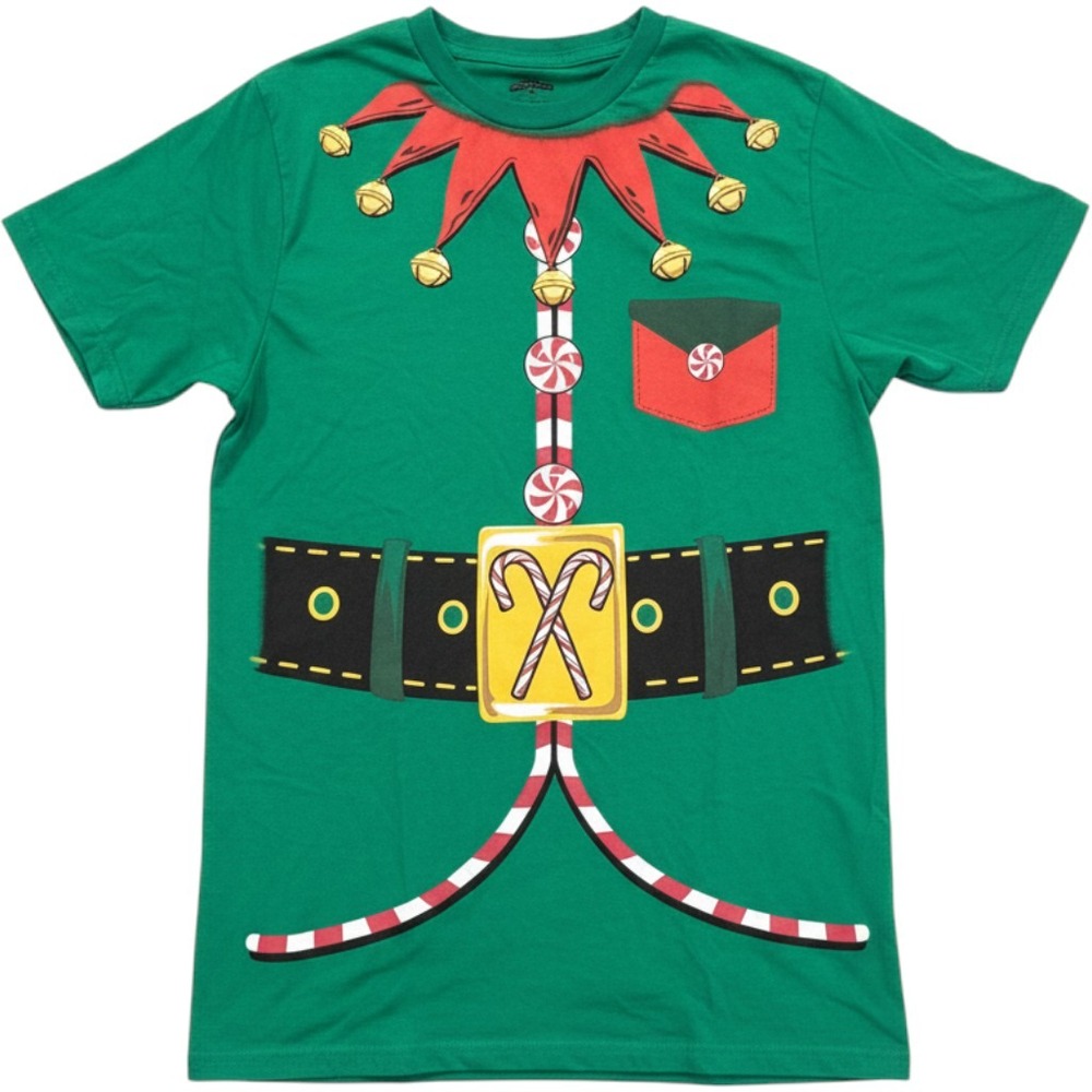 Holiday Time Mens Green Elf Costume T-Shirt Christmas Graphic Tee Small S 34-36